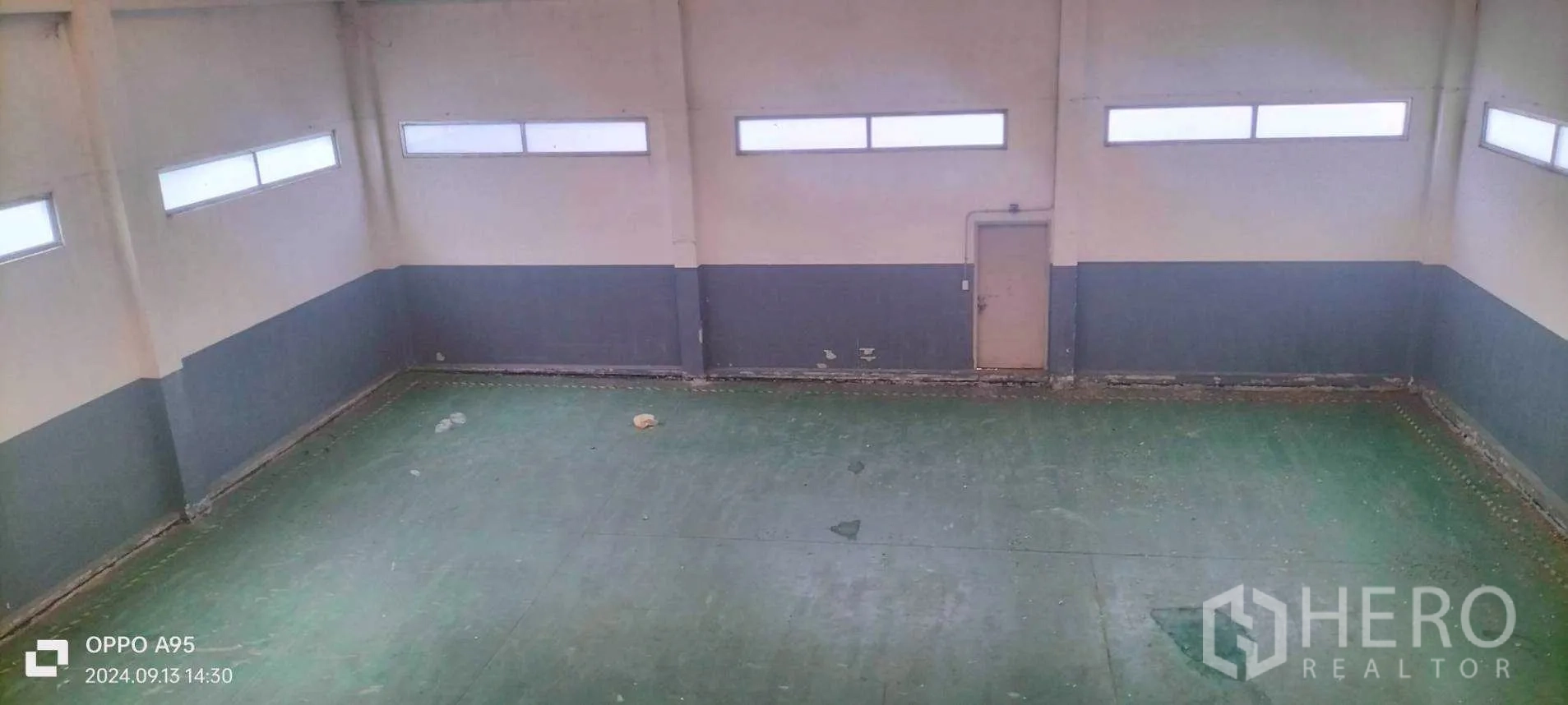 โรงงาน ให้เช่าในKhlong Luang, Pathum Thani - มุมมองจากที่สูง เห็นพื้นอีพ็อกซี่สีเขียวและช่องแสงแนวยาว