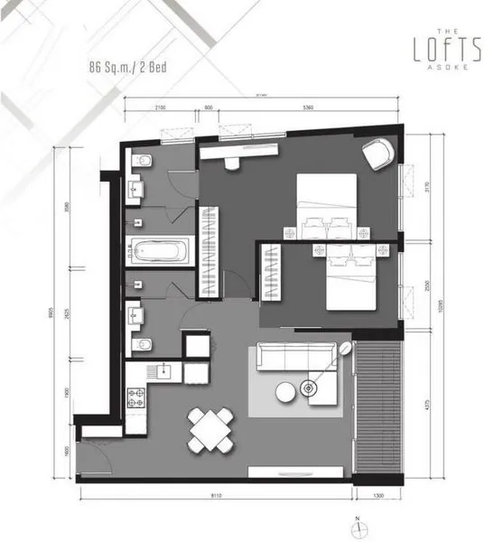 Condominium for rent or sale in Watthana, Bangkok - Floor plan of a two-bedroom, two-bathroom condominium measuring around 85 square meters.