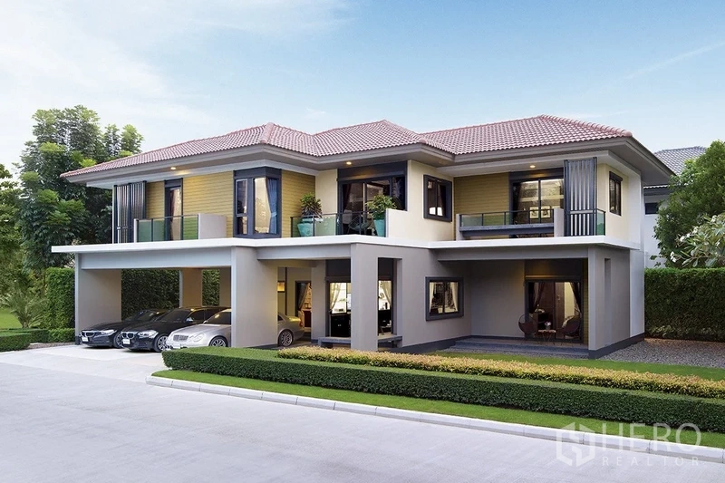 บ้าน ขายในLam Luk Ka, Pathum Thani - ภาพโปรเจกต์บ้านสองชั้นสมัยใหม่ ที่จอดรถ 3 คัน
