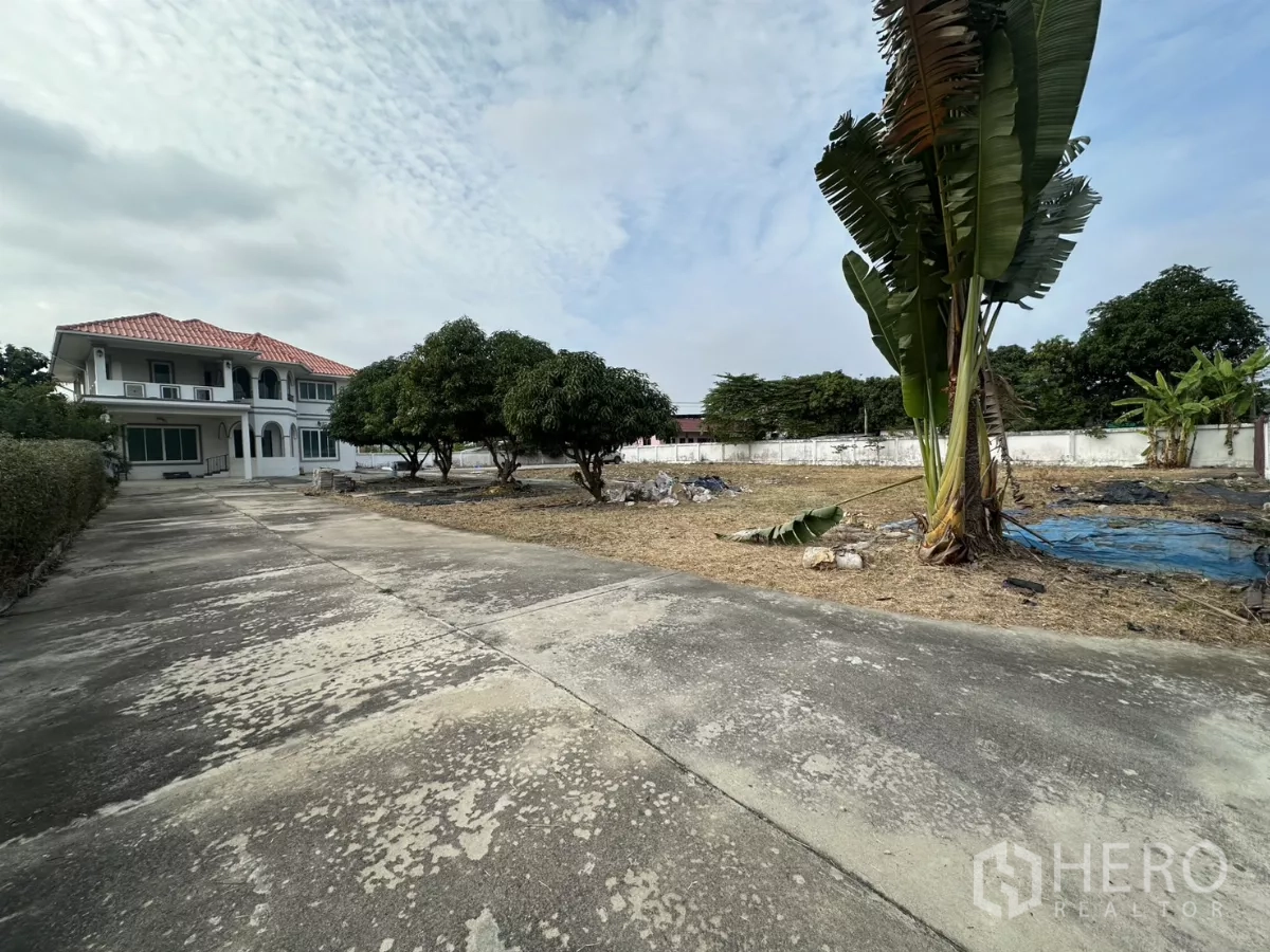 สำนักงานที่บ้าน ให้เช่า - ถนนคอนกรีตกว้างกับลานว่างขนาดใหญ่และต้นไม้เขตร้อน ภายในรั้วรอบขอบชิด.