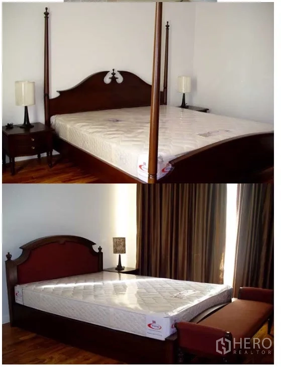 Condominium for rent or sale in Sathon, Bangkok - Two spacious bedrooms with classic wooden bed frames, bedside lamps, blackout curtains and polished wood flooring.