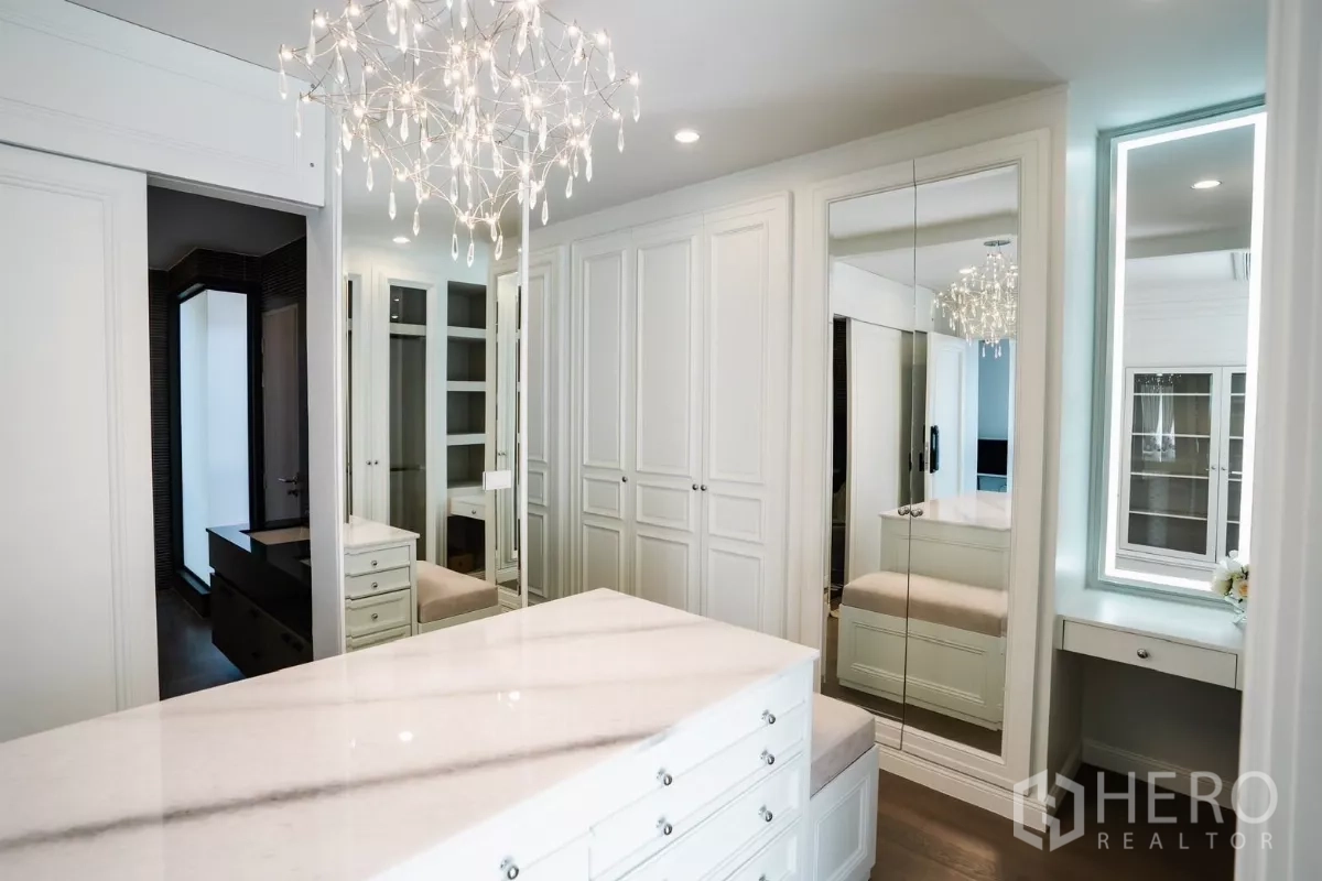 บ้าน ให้เช่าหรือขายในBang Kapi, Bangkok - วอล์กอินคลอเซ็ตกว้าง มีไอส์แลนด์ ตู้กระจก และไฟดีไซน์