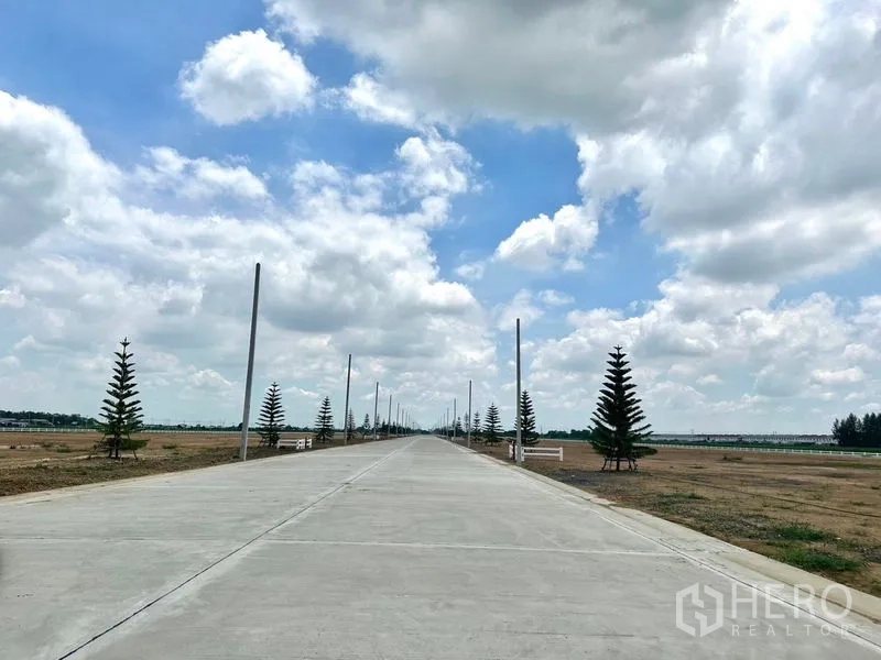 Land for sale in Pathum Thani - Straight concrete roadway lined with utility poles and landscaped trees across cleared land.