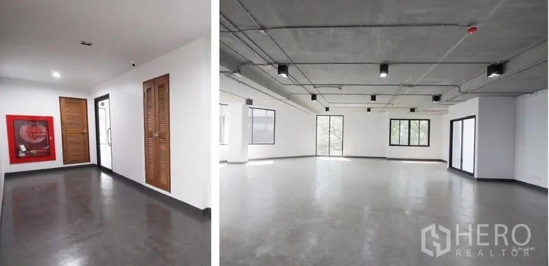 Office Space for rent in Watthana, Bangkok - Building corridor with fire safety cabinet and wood doors, plus bright open-plan office with large windows.
