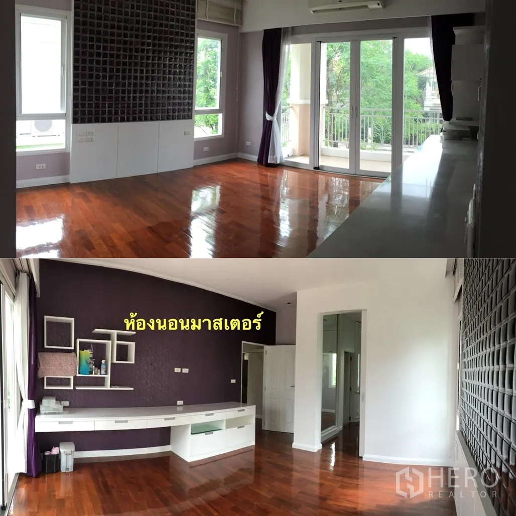 บ้าน ขายในLat Krabang, Bangkok - ห้องนอนมาสเตอร์กว้าง พื้นไม้เงางาม ประตูออกระเบียง พร้อมตู้บิลต์อินและผนังตกแต่ง