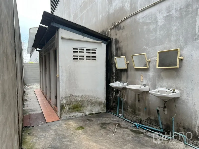 คลังสินค้า ให้เช่าในBang Sao Thong, Samut Prakan - ห้องน้ำภายนอกพร้อมอ่างล้างหน้าสามจุดและกระจก