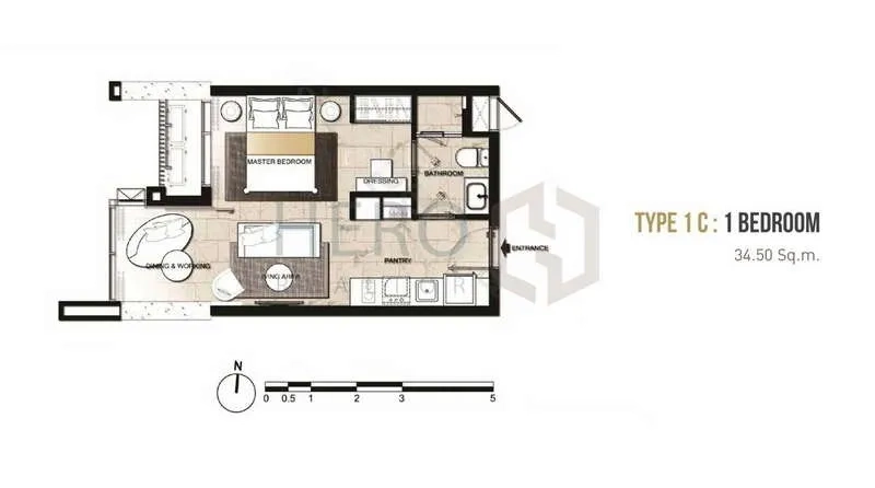 คอนโด ให้เช่า - ผังห้องแบบ 1 ห้องนอน 34.5 ตร.ม. ของ HYDE สุขุมวิท 11