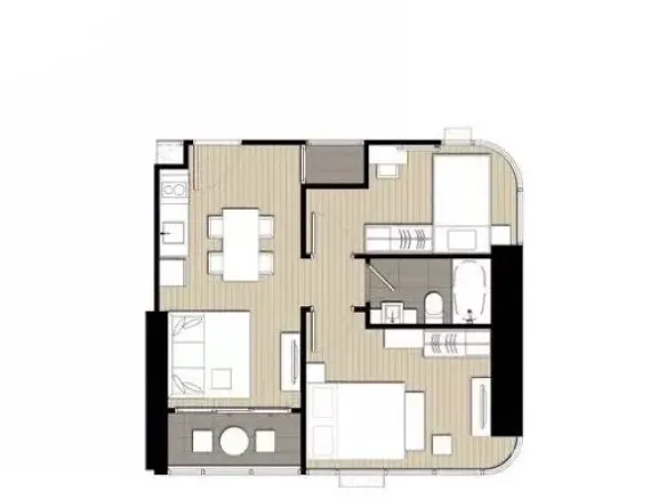 คอนโด ให้เช่าในWatthana, Bangkok - ผังห้องคอนโด 2 ห้องนอน 1 ห้องน้ำ พื้นที่ใช้สอย 45 ตร.ม.