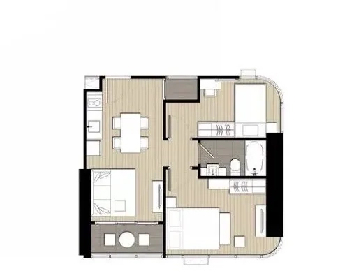 คอนโด ให้เช่าในWatthana, Bangkok - ผังห้องคอนโด 2 ห้องนอน 1 ห้องน้ำ พื้นที่ใช้สอย 45 ตร.ม.