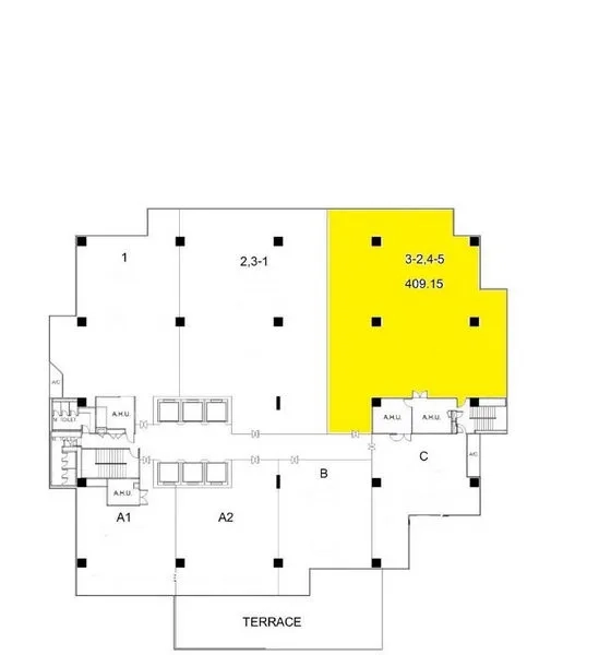สำนักงาน ให้เช่าในBang Rak, Bangkok - ผังชั้นที่ไฮไลต์พื้นที่สำนักงาน 409.15 ตร.ม. ด้วยสีเหลือง