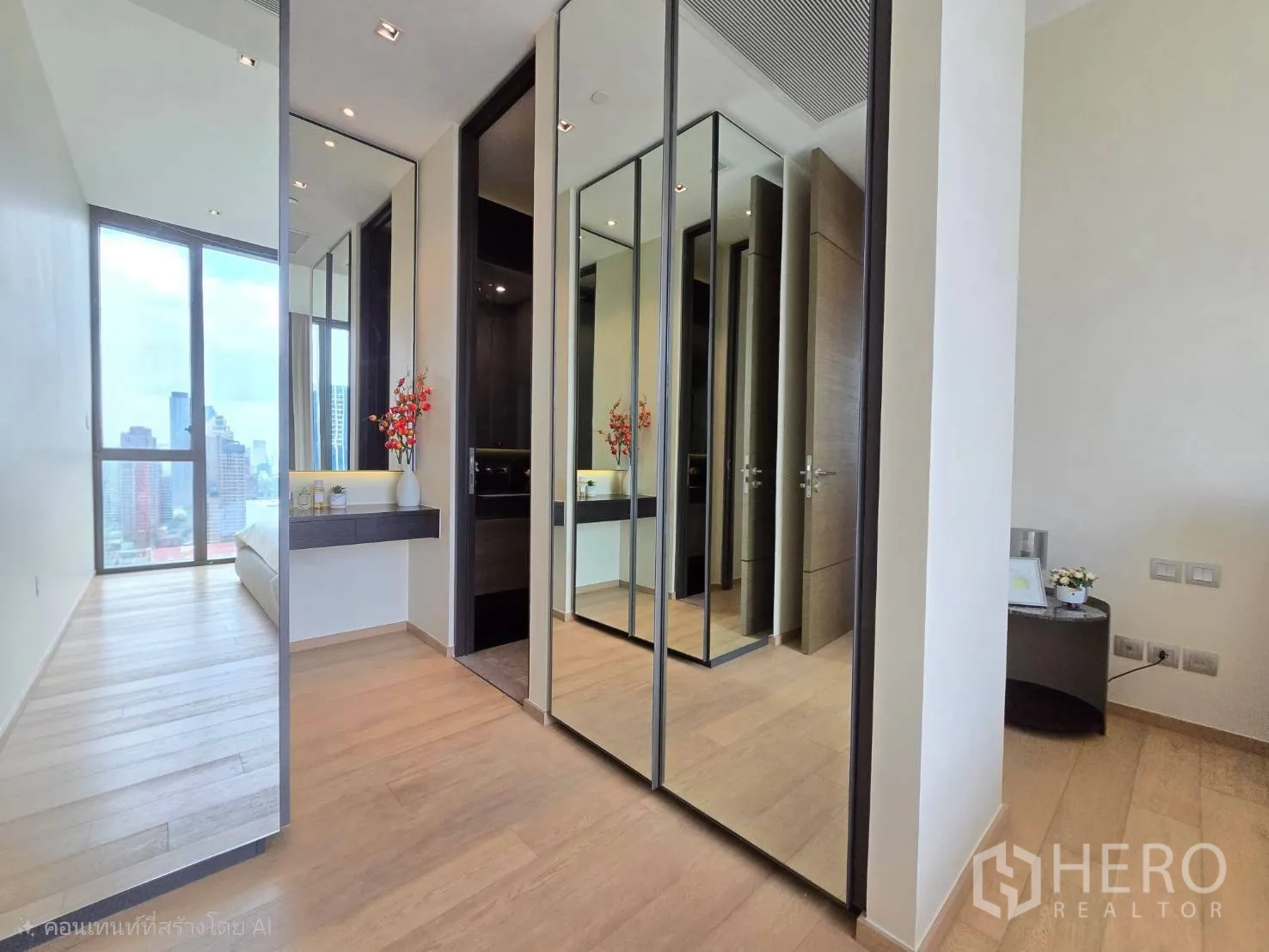 คอนโด for rent in Pathum Wan, Bangkok - โถงห้องนอนติดตู้เสื้อผ้าบานกระจกเต็มผนังและมุมโต๊ะเครื่องแป้ง