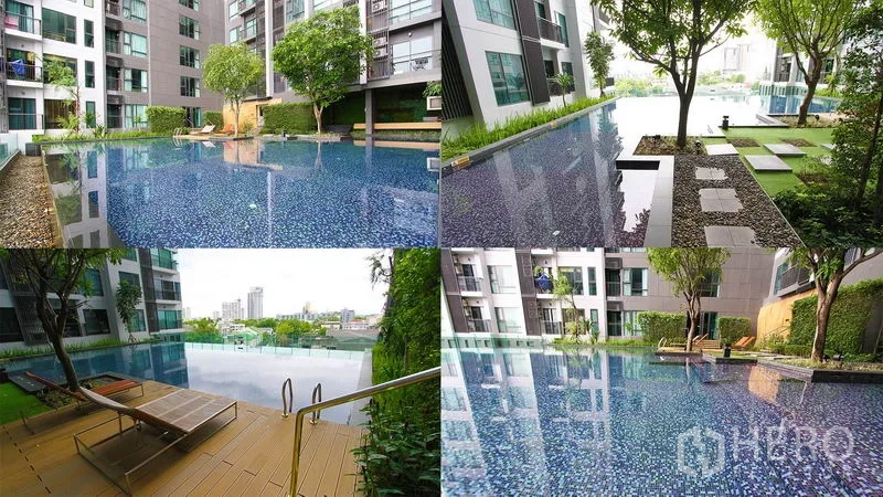 คอนโด ให้เช่าหรือขายในKhlong Toei, Bangkok - ส่วนกลางคอนโด: สระว่ายน้ำน้ำล้นจัดแต่งสวน พร้อมเตียงอาบแดด