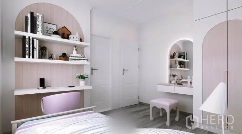 Detached House for rent in Bang Phli, Samut Prakan - Kid’s bedroom with curved shelves, dressing nook and built-in closet in soft tones.