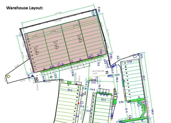 คลังสินค้า ให้เช่าในMueang Samut Prakan, Samut Prakan - ผังโครงการโกดังแสดงการจัดวางอาคารและทางสัญจร
