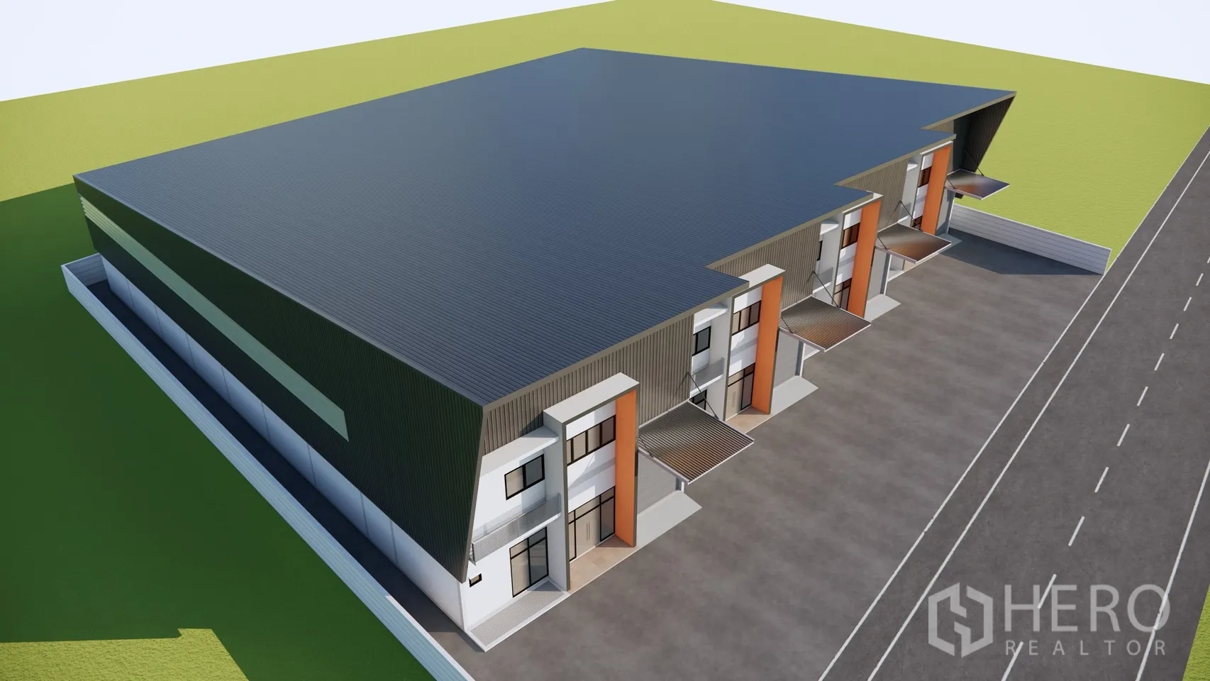 Warehouse for rent in Khlong Sam Wa, Bangkok - Aerial view showing the large warehouse roof, front parking apron, and access road.