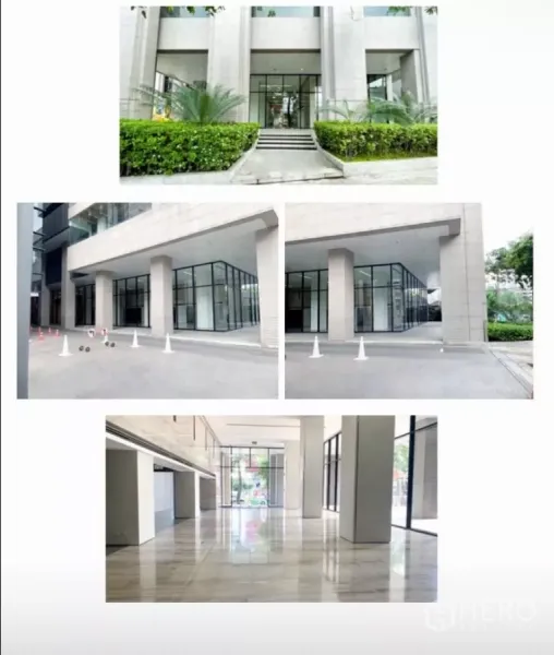 零售空间 出租 - 底层零售门面，落地玻璃、带顶人行道与绿化入口台阶。